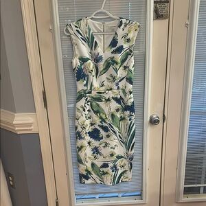 Calvin Klein White and Green Sheath Midi Dress